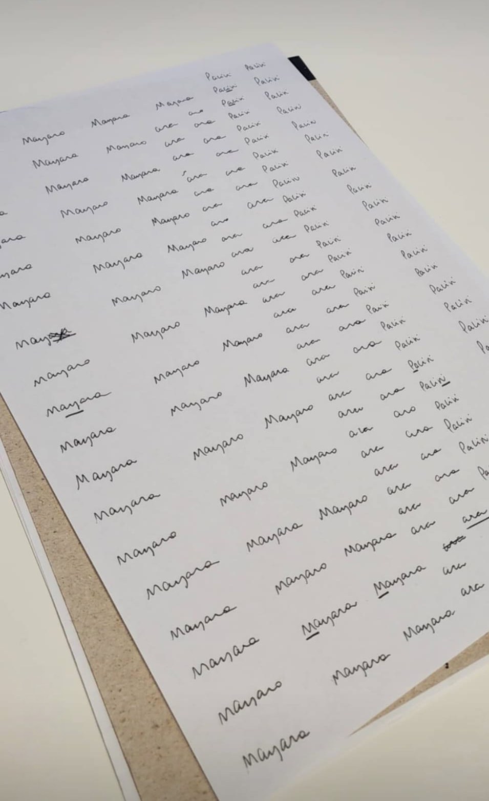 One of the four sheets of handwritten names, with selected versions underlined